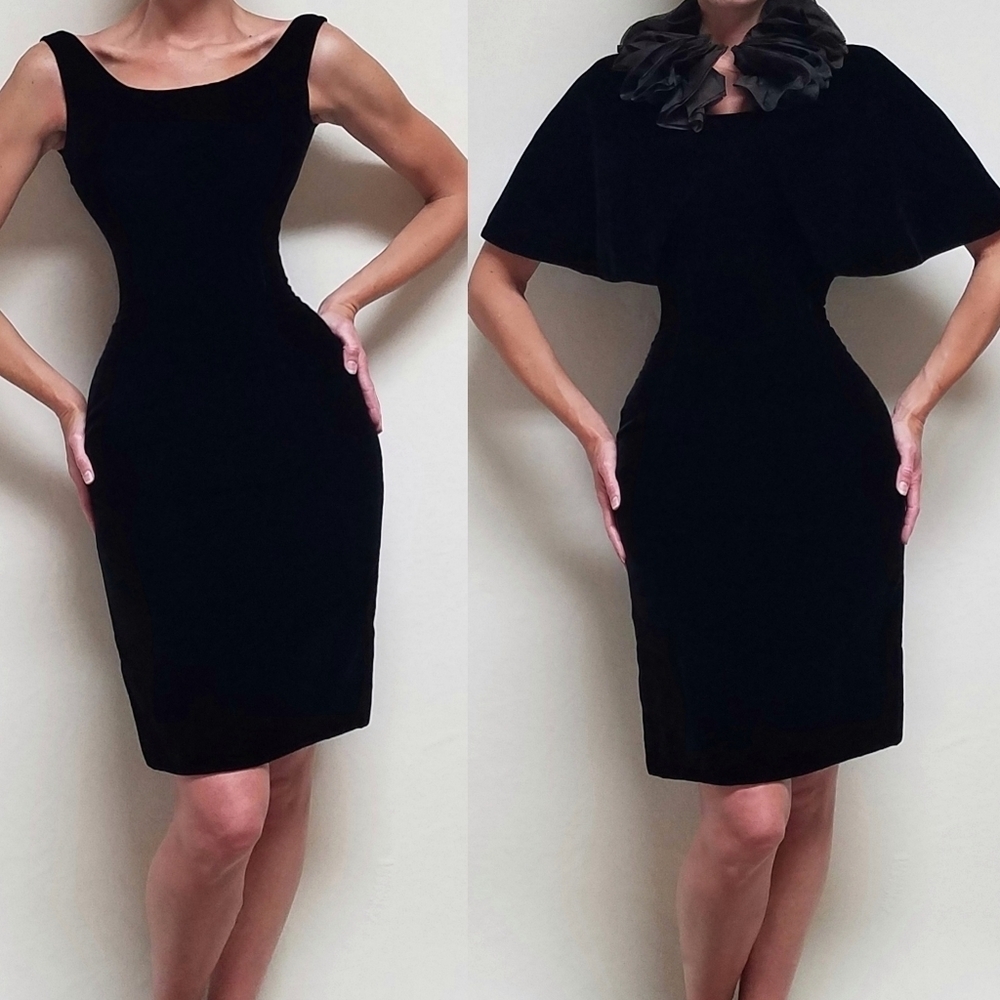 1940s ILGWU Vintage Black Velvet Sheath Dress Ruffle Tulle Collar Mini Cape Set